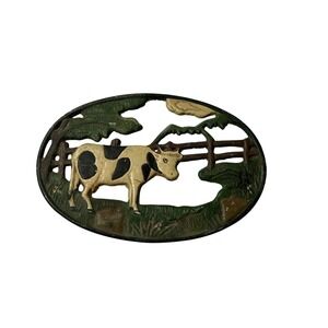 Vintage Cast Iron Cow‎ Farm Fence Oval Trivet Hot Pad Rustic Kitchen Decor